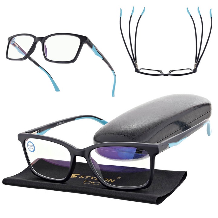 Ochelari de vedere pentru citit si calculator, Stylion, +2.00, cu filtru Blue Light, negru/albastru, set cu toc și laveta