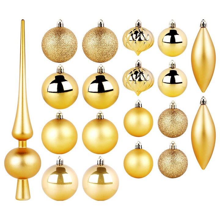 Set 19 Globuri de Craciun, Aurii, Artemis, 18 globuri si 1 varf, diverse dimensiuni, 6cm si 5cm