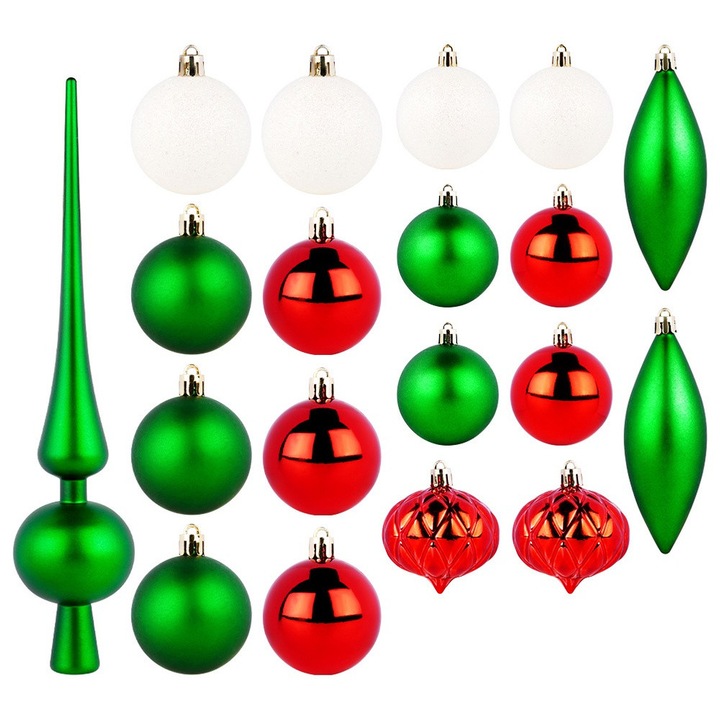 Set 19 Globuri de Craciun Nietaiate, Artemis, Multicolor, 18 globuri si 1 varf, 28cm