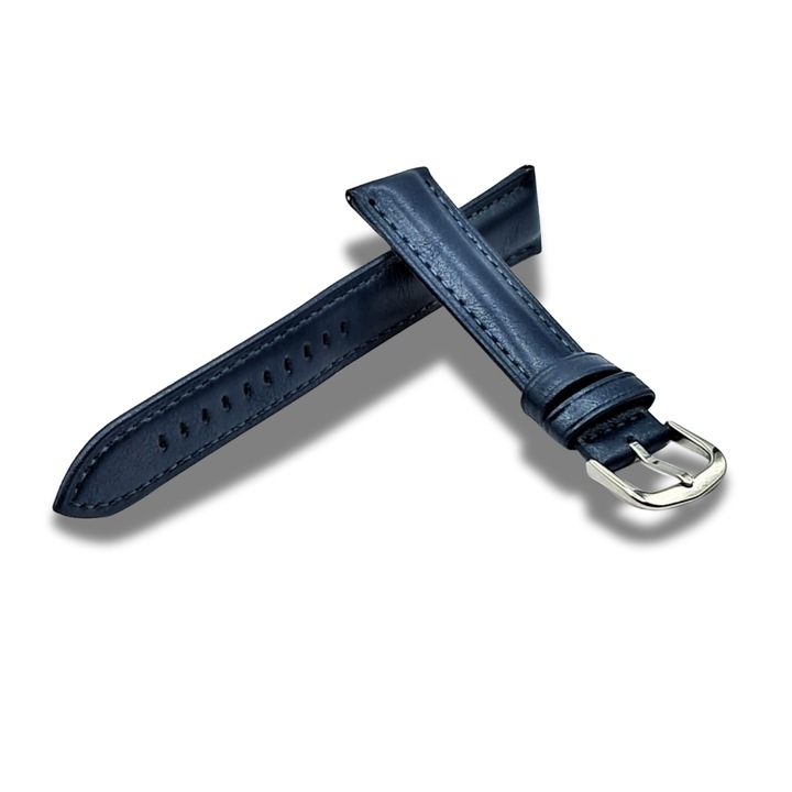 Curea Ceas Piele albastra 22 mm Catarama Clasica Argintie Prevazuta cu Telescoape Rapide