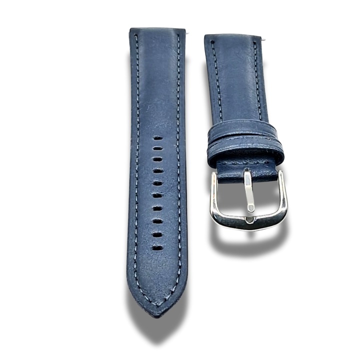 Каишка за часовник, синя кожа, мм, класическа сребърна катарама, снабдена с бързи телескопи