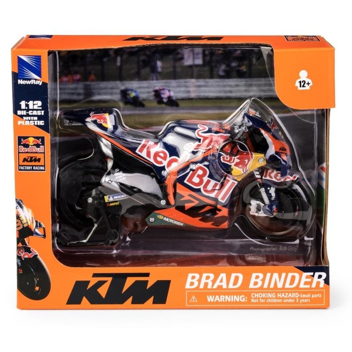 Играчка мотоциклет, New Ray, KTM RC16 2022, Брад Биндер, 18x6x9,5см, многоцветен