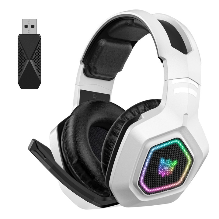 Геймърски слушалки OnXsmart B100 Безжични и с кабел, Bluetooth 5.3, 7.1 съраунд звук, RGB осветление, Бели