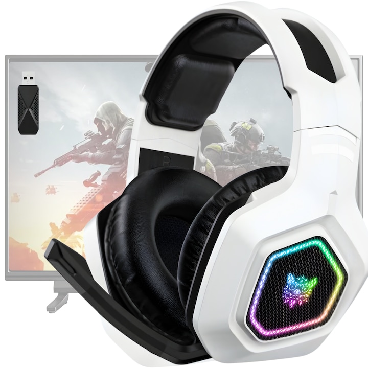 Casti Gaming OnXsmart® Wireless & Wired, Bluetooth 5.3, WIFI 2.4GHz, Jack 3.5mm, Autonomie pana la 60 ore, Sunet Surround 7.1 50mm, Microfon Noise Cancelling 360°, Iluminare RGB, Compatibile PC, PS4, PS5, Switch, Telefon, Alb