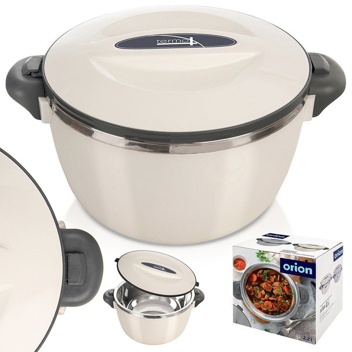 Termos De Pranz, Orion, Termo, Capacitate 2 L, 26x20x12.5 cm, Fabricat Din Otel Inoxidabil, Cu Capac, Fara Bpa, Inchidere Usoara Prin Rasucirea Capacului, Utilizare Universala, Bej