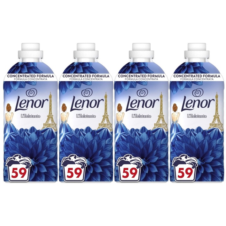 Set 4 x Lenor Balsam Rufe 1239ml L'Eclatante 59 Spalari, ingrijire delicata a tesaturilor, protectie impotriva uzurii, protectie impotriva calcarului, alergeni redusi, tehnologie anti-miros