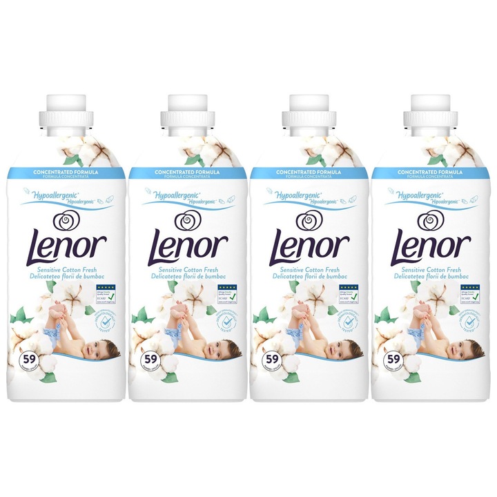 Set 4 x Lenor Balsam Rufe 1239ml Sensitive Cotton Fresh 59 Spalari, ingrijire delicata a tesaturilor, protectie impotriva uzurii, protectie impotriva calcarului, alergeni redusi, tehnologie anti-miros