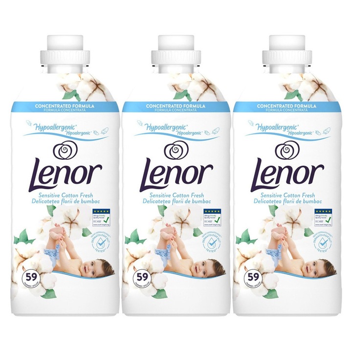 Set 3 x Lenor Balsam Rufe 1239ml Sensitive Cotton Fresh 59 Spalari, ingrijire delicata a tesaturilor, protectie impotriva uzurii, protectie impotriva calcarului, alergeni redusi, tehnologie anti-miros