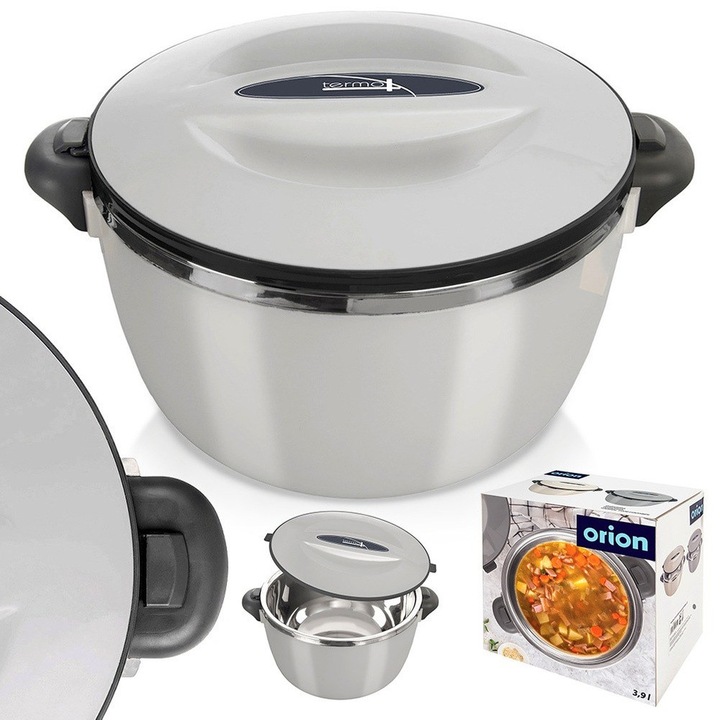 Termos De Pranz, Orion, Termo, Capacitate 3.5 L, 31x24x16 cm, Fabricat Din Otel Inoxidabil, Cu Capac, Utilizare Universala, Fara Bpa, Inchidere Usoara, Gri