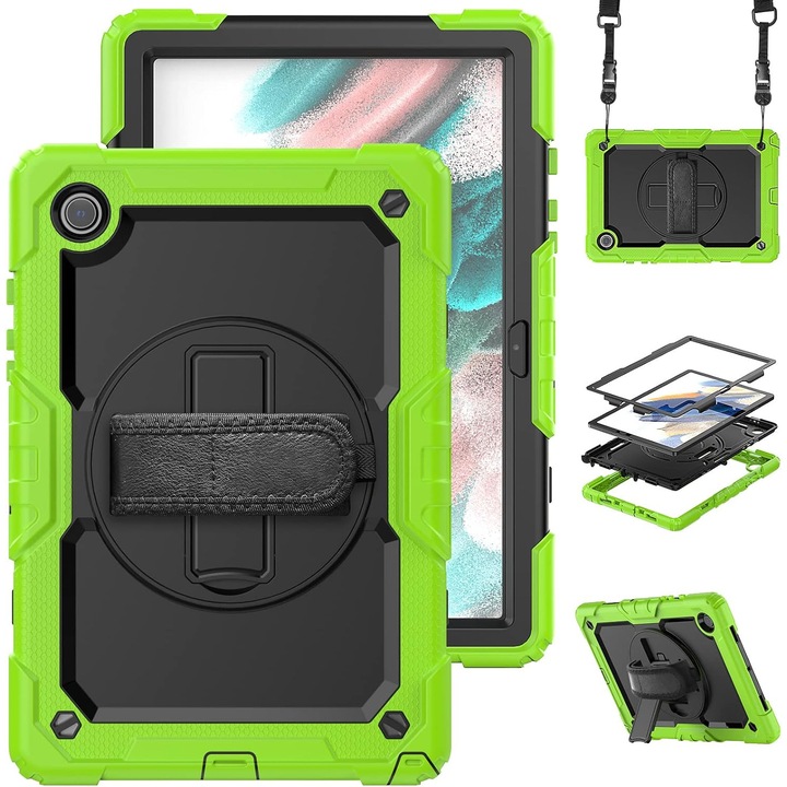 Pachet 360 pentru Samsung Galaxy Tab A8 (X200/X205/X207) 10.5" 2022 – cu folie inclusa, curea de umar si suport rotativ, Negru + Verde