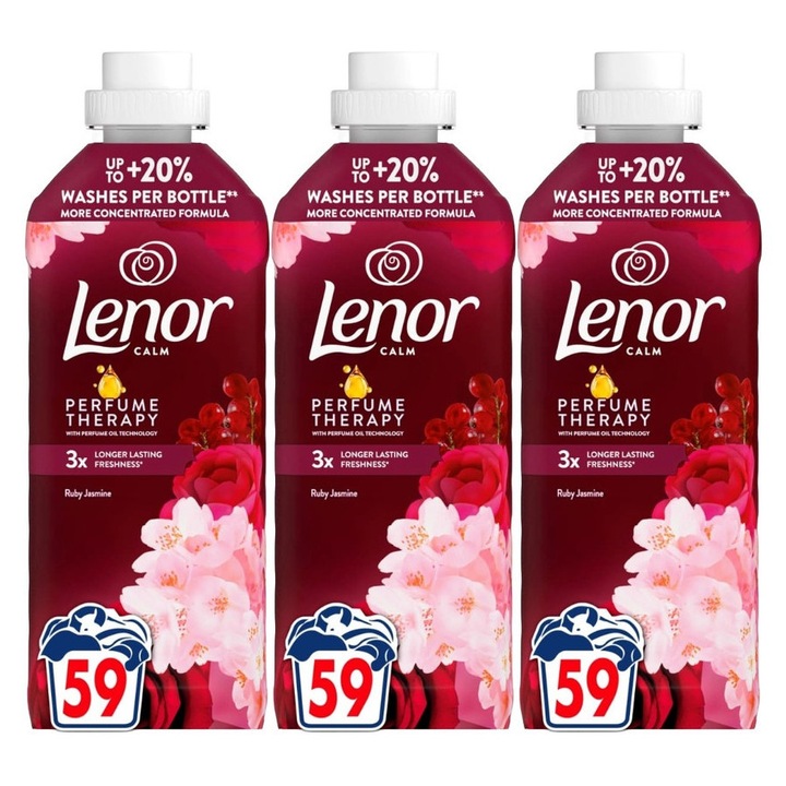 Set 3 x Lenor Balsam Rufe 1239ml Ruby Jasmine 59 Spalari, ingrijire delicata a tesaturilor, protectie impotriva uzurii, protectie impotriva calcarului, alergeni redusi, tehnologie anti-miros