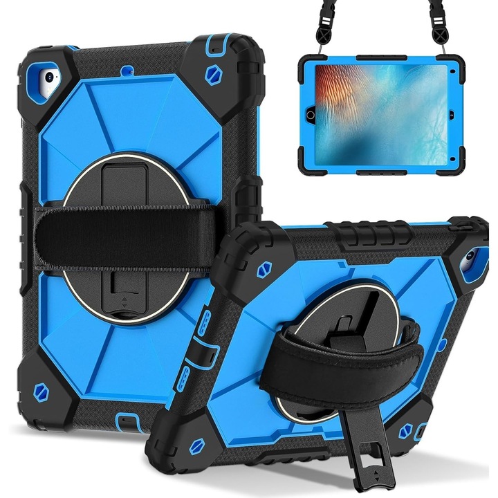 Husa Sigloo 3-in-1 pentru iPad 9.7” / iPad Pro 9.7” (2017/2018) – Protectie Completa, Suport Rotativ, Curea Reglabila, Negru+Albastru