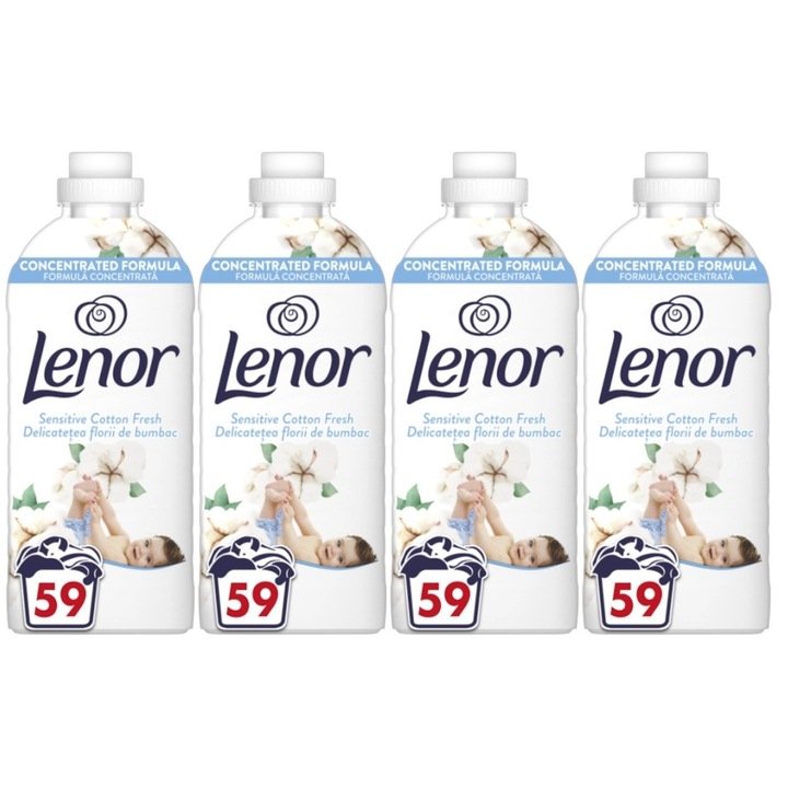 Set 4 x Lenor Balsam Rufe 1239ml Cotton Fresh 59 Spalari, ingrijire delicata a tesaturilor, protectie impotriva uzurii, protectie impotriva calcarului, alergeni redusi, tehnologie anti-miros