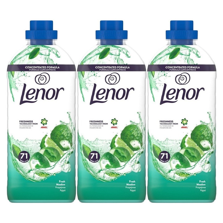 3x Lenor Öblítő 1491ml Friss rét 71 mosás, kíméletes szövetápolás, védelem a kopás ellen, védelem a vízkő ellen, csökkentett allergének, szagsemlegesítő technológia
