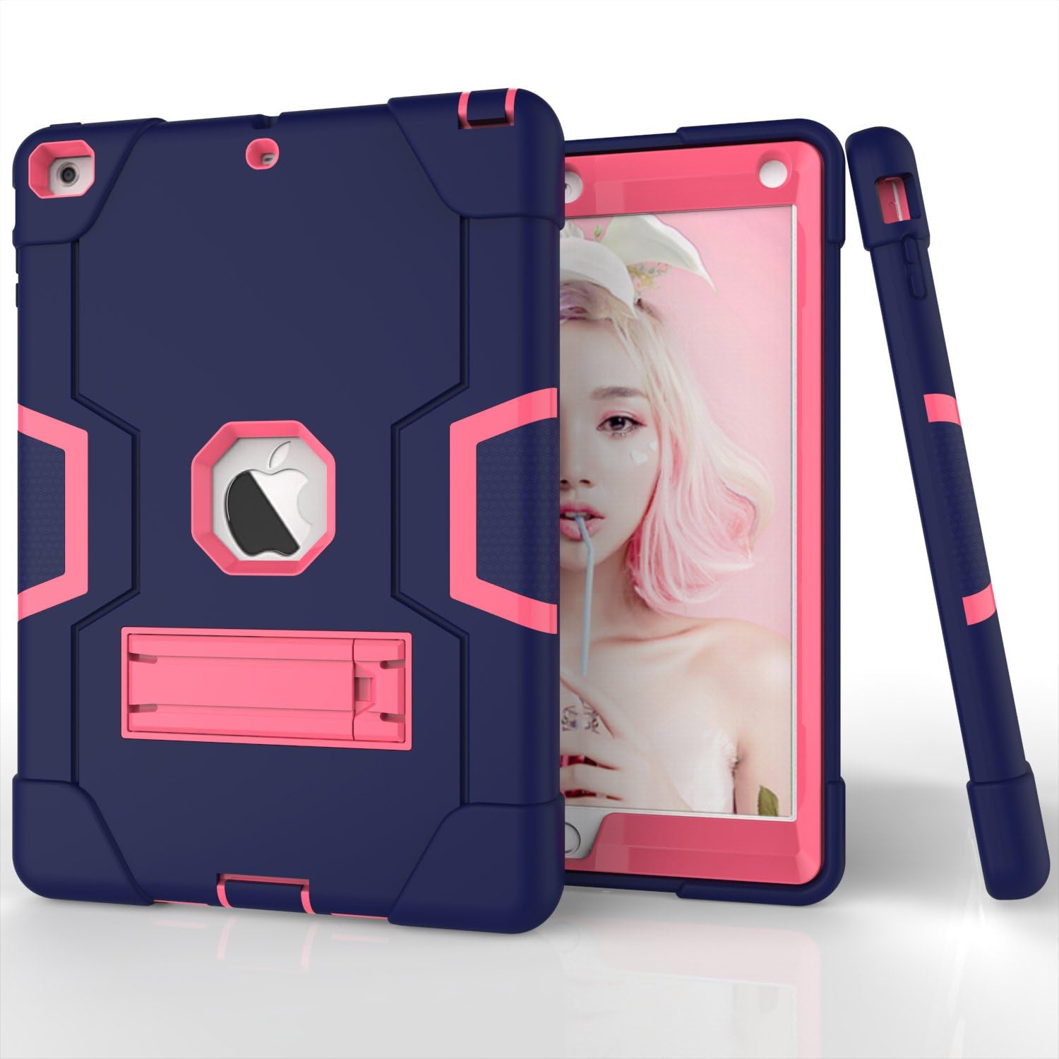 Husa Sigloo pentru iPad Air / iPad 9.7” (2017) – Antisoc si Antizgarieturi cu Suport integrat – Bleumarin + Roz Trandafir