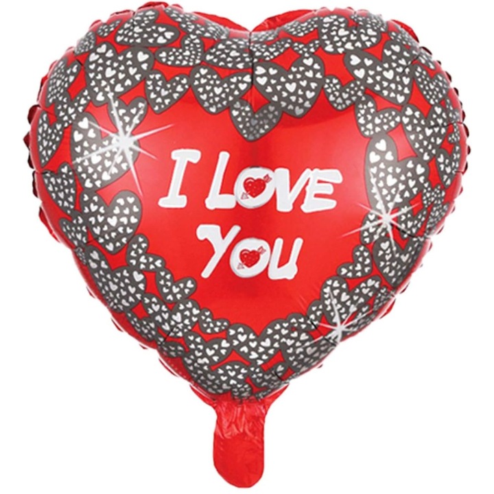 Piros fólia lufi szív alakú I Love You, 45 cm, 1 db-os szett.