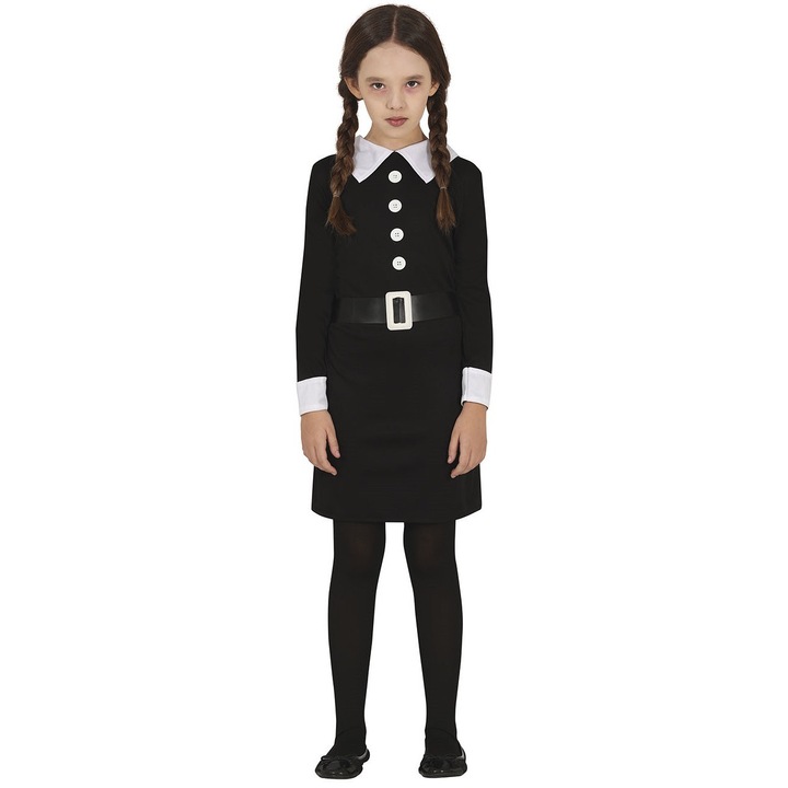 Costum copii Wednesday, Fiestas Guirca, negru/alb, 140-152 cm