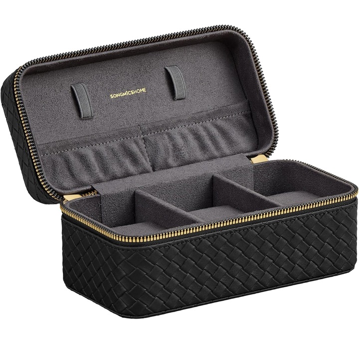 Cutie ceasuri SONGMICS Ronne Collection, pentru 3 ceasuri, piele PU aspect impletit, 10x20x9 cm, negru