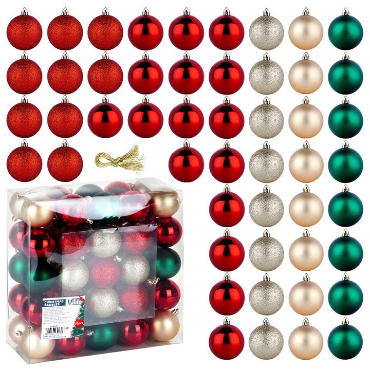 Set 50 globuri de Craciun Vilde, 6 cm, rosii, verzi si sampan, mat, lucios si cu sclipici