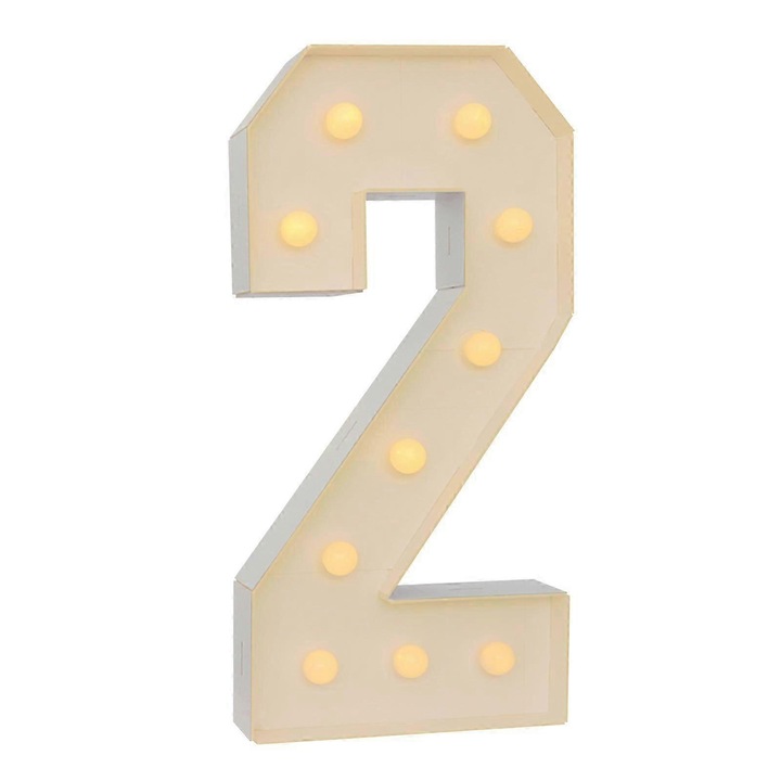 Decoratiune petrecere ziua de nastere, cifra 2, cu iluminare, 100cm, alb