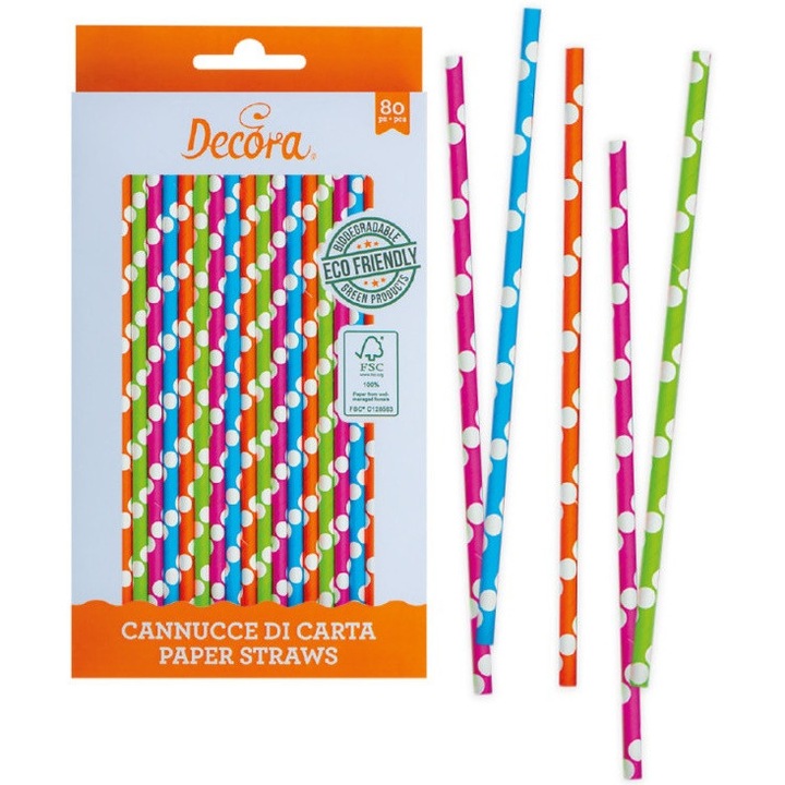Цветни биоразградими сламки DECORA, комплект 80 броя, 21см x 6мм, цветен микс