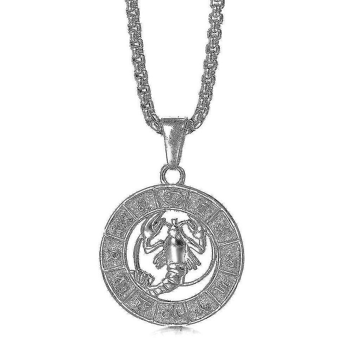 Colier cu pandantiv zodiac, argintiu, inox, 50 cm, rac