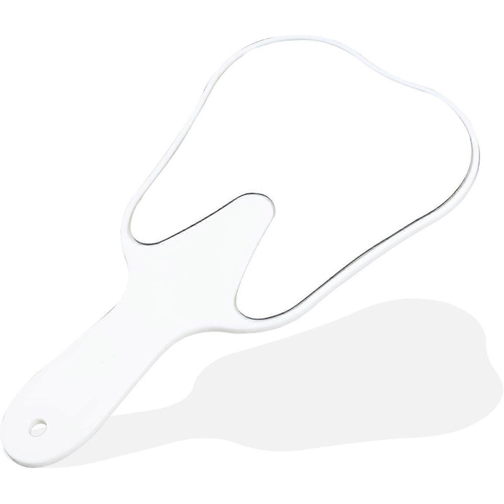Oglinda cosmetica roz in forma de dinte, cu maner, pentru machiaj si utilizare dentara, usor de transportat