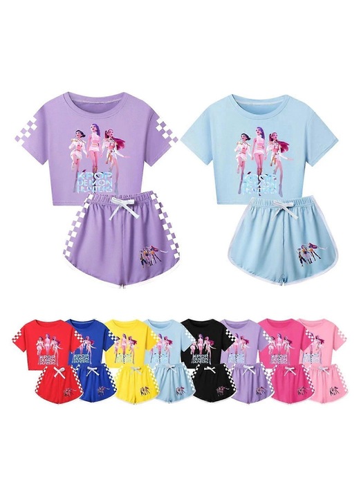 Compleu copii, crop top si pantaloni scurti, bumbac, Roz inchis