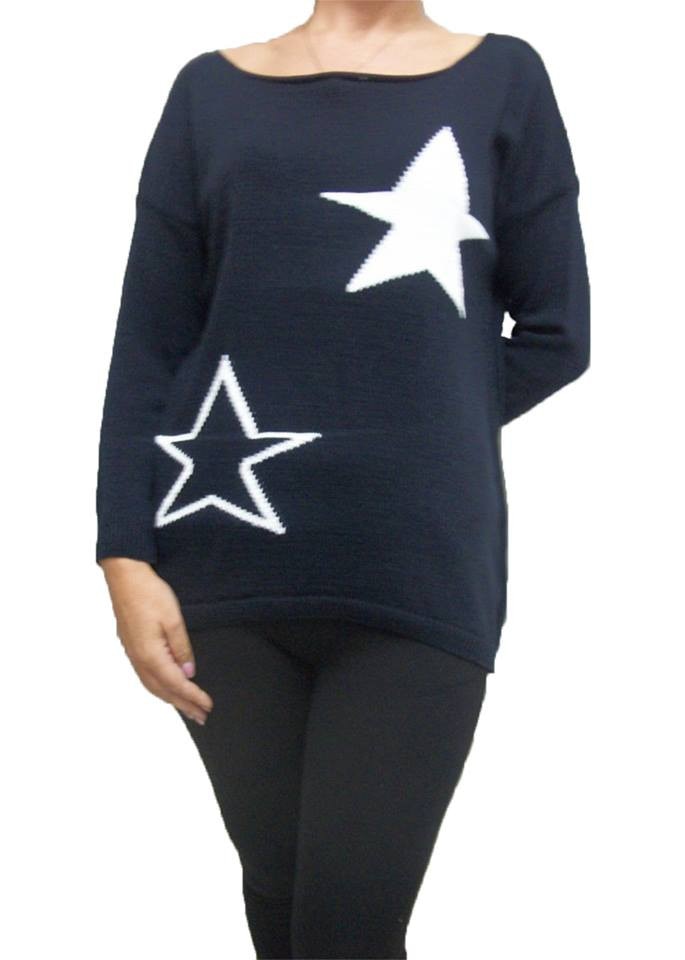 Bluza tricotata cu stelute, masura mare,D&J Exclusive, Albastru marin