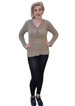 Bluza de toamna-iarna, cu decolteu in V cu fermoar,D&J Exclusive, Crem Bluza de toamna-iarna, cu decolteu in V cu fermoar,D&J Exclusive, Crem