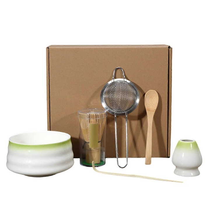 Set ceramic pentru matcha, 5 piese, alb+verde, roz floare de cires, 7x6cm, 12x7.5cm