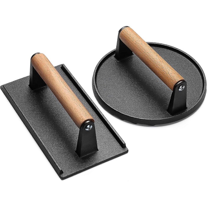 Presa din fonta pentru burgeri, 20x10.9cm, maner din lemn, utilizare pe gratar, plita, camping