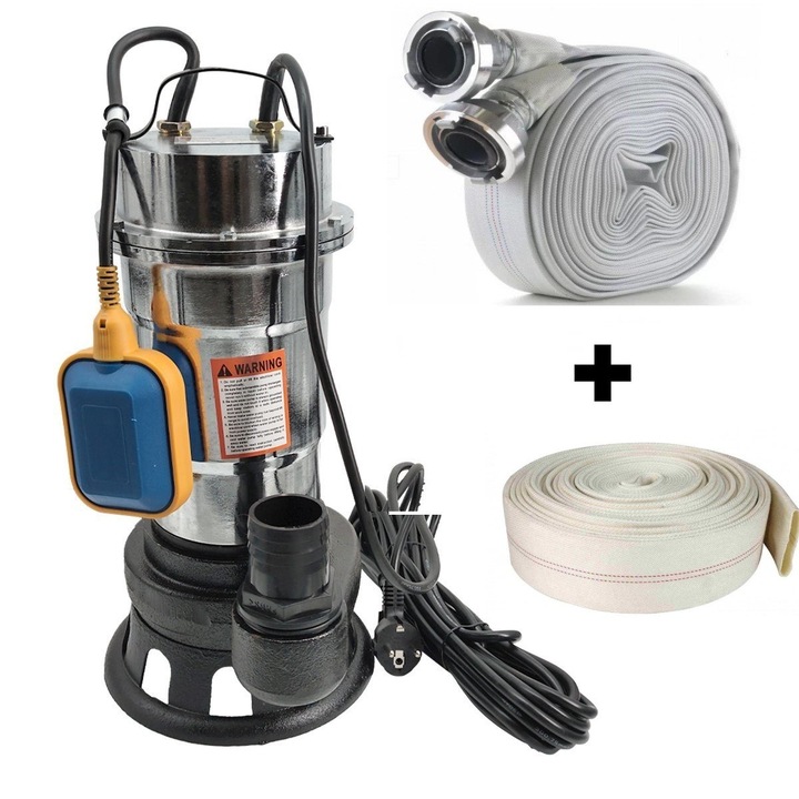 Pachet promo Pompa pentru apa murdara DDT, cu plutitor si tocator, 3000 W, Adancime evacuare maxim 8 Metri, corp inox + Furtunul de pompier 2'' 20 m, 8 bari, cu cuple + Furtunul de pompier 2'' 20 m