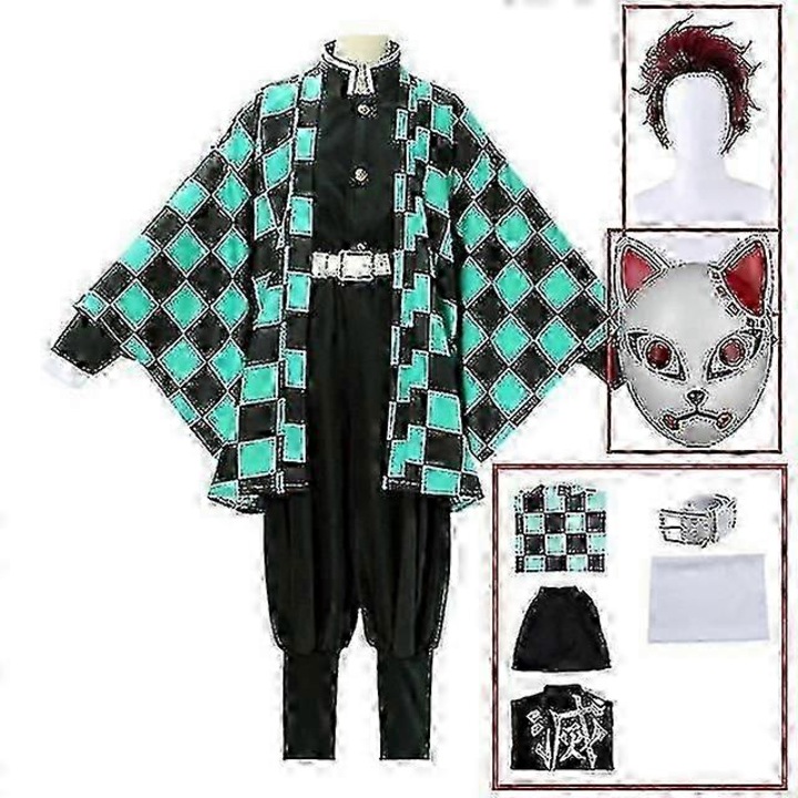 Костюм за косплей Demon Slayer Kimetsu No Yaiba Танджиро Камадо, комплект от 7 части, унисекс, полиестер, за възрастни и деца