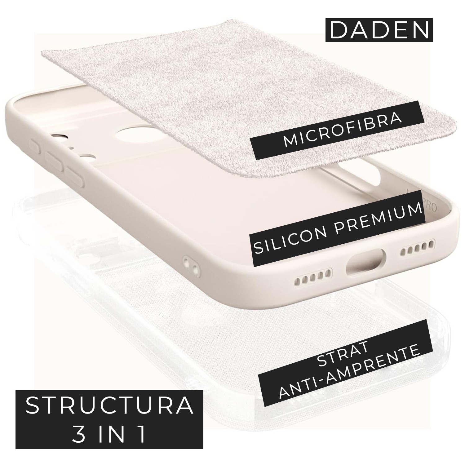 Husa pentru iPhone 17 Pro Max DaDen®, Ultra Slim, Silicon, Calitate Premium, Interior din microfibra, Crem