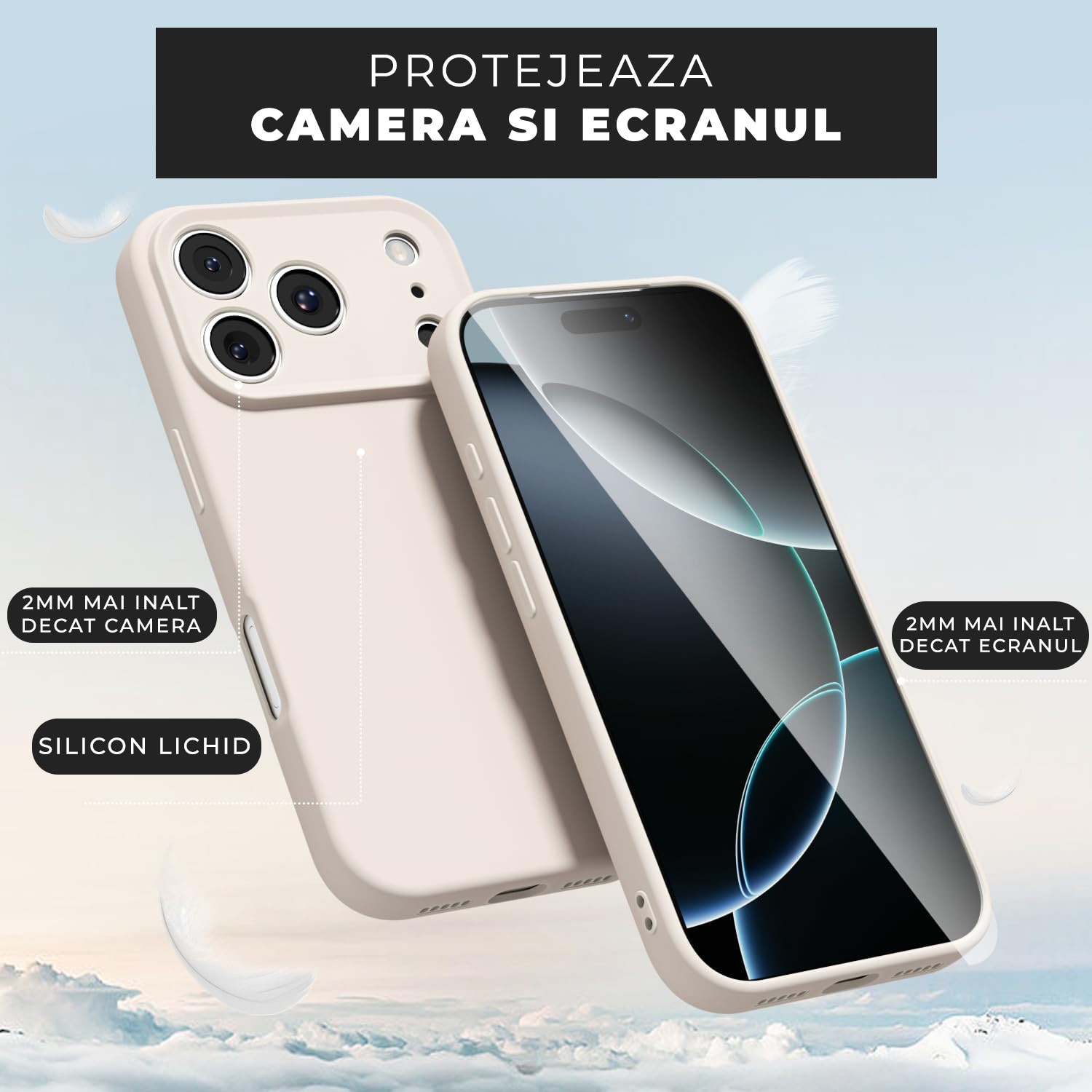 Husa pentru iPhone 17 Pro Max DaDen®, Ultra Slim, Silicon, Calitate Premium, Interior din microfibra, Crem