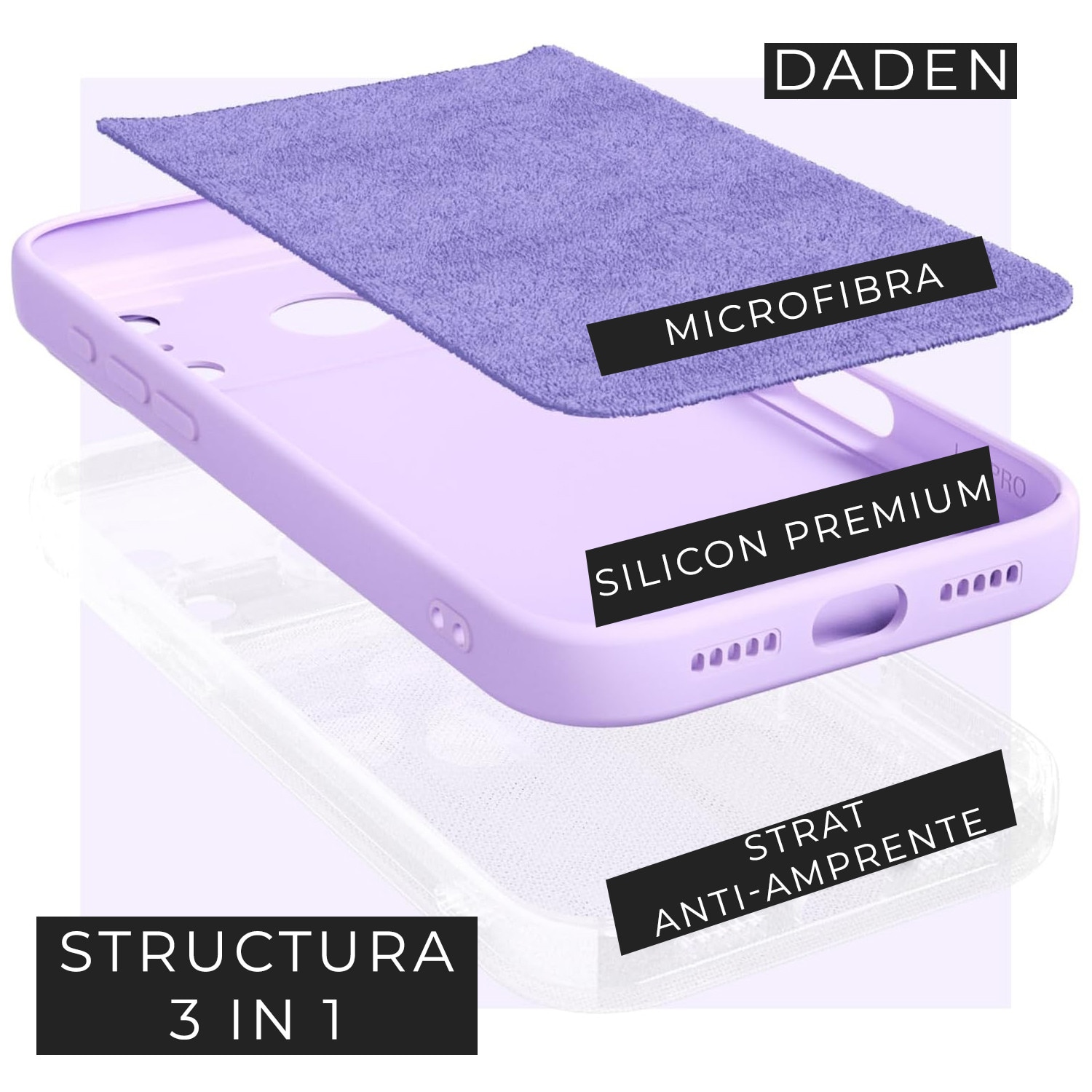 Husa pentru iPhone 17 Pro Max DaDen®, Ultra Slim, Silicon, Calitate Premium, Interior din microfibra, Mov deschis