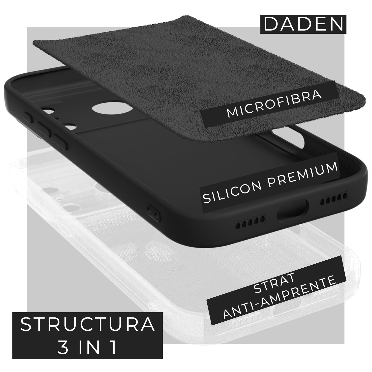 Husa pentru iPhone 17 Pro DaDen®, Ultra Slim, Silicon, Calitate Premium, Interior din microfibra, Negru