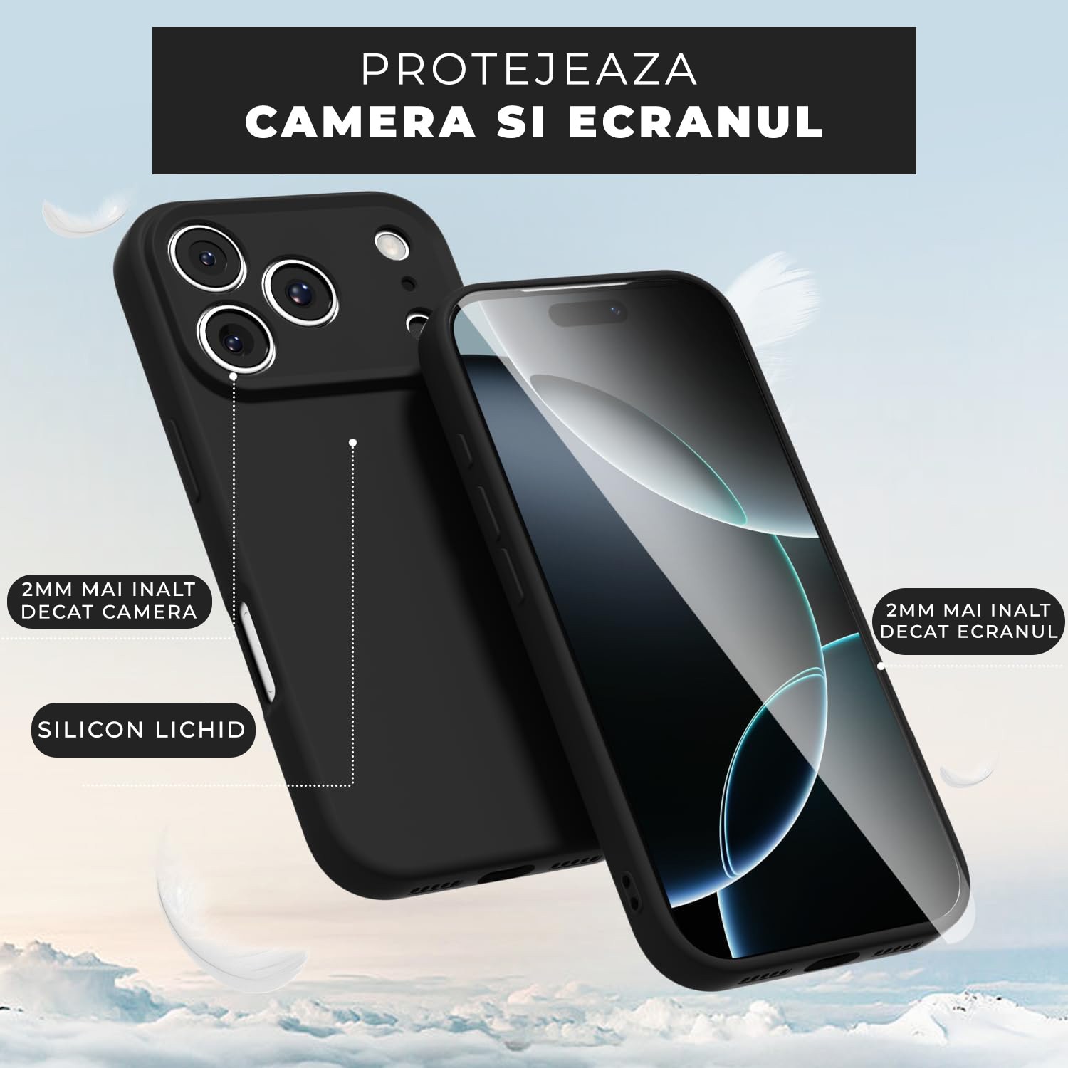Husa pentru iPhone 17 Pro DaDen®, Ultra Slim, Silicon, Calitate Premium, Interior din microfibra, Negru