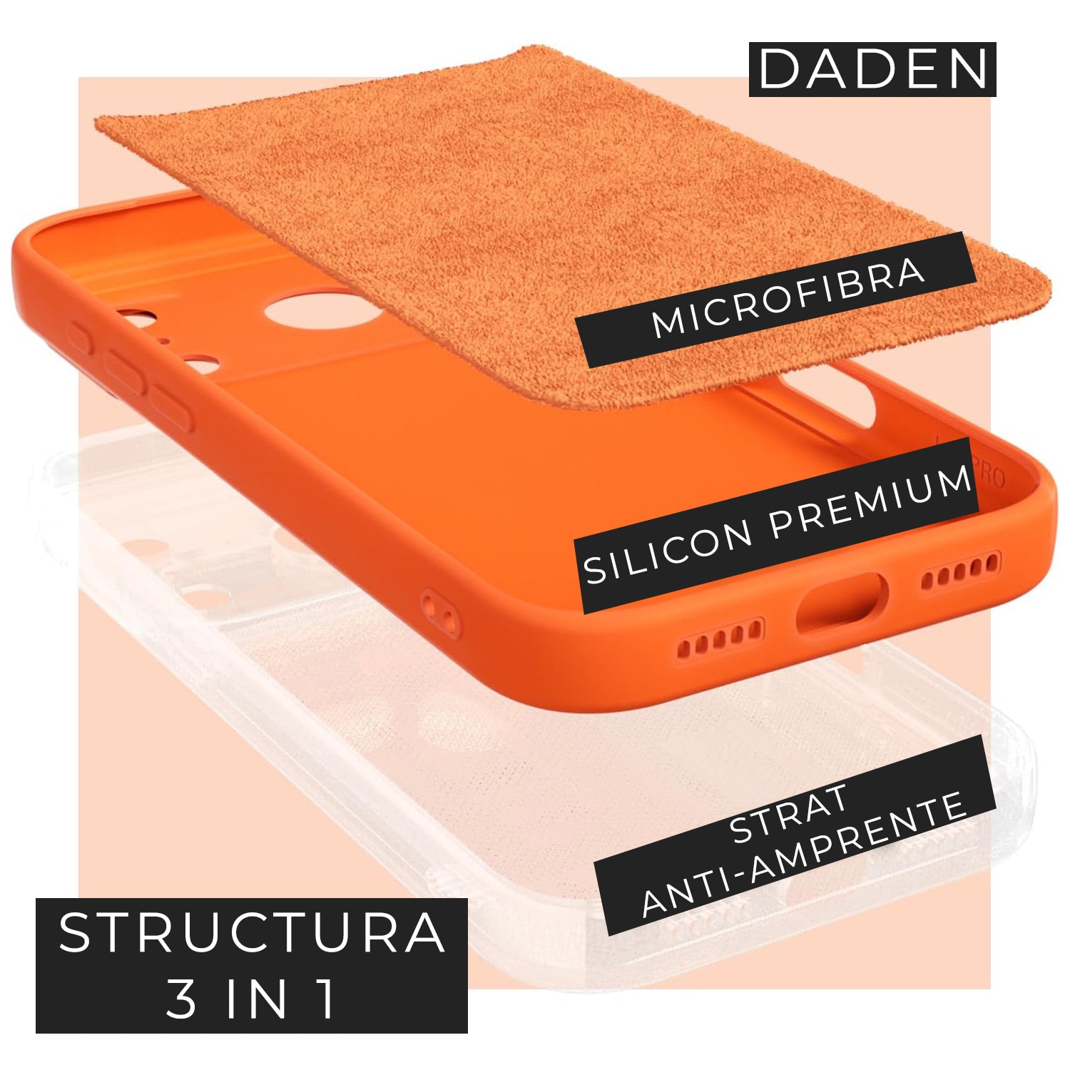 Husa pentru iPhone 17 Pro Max DaDen®, Ultra Slim, Silicon, Calitate Premium, Interior din microfibra, Portocaliu
