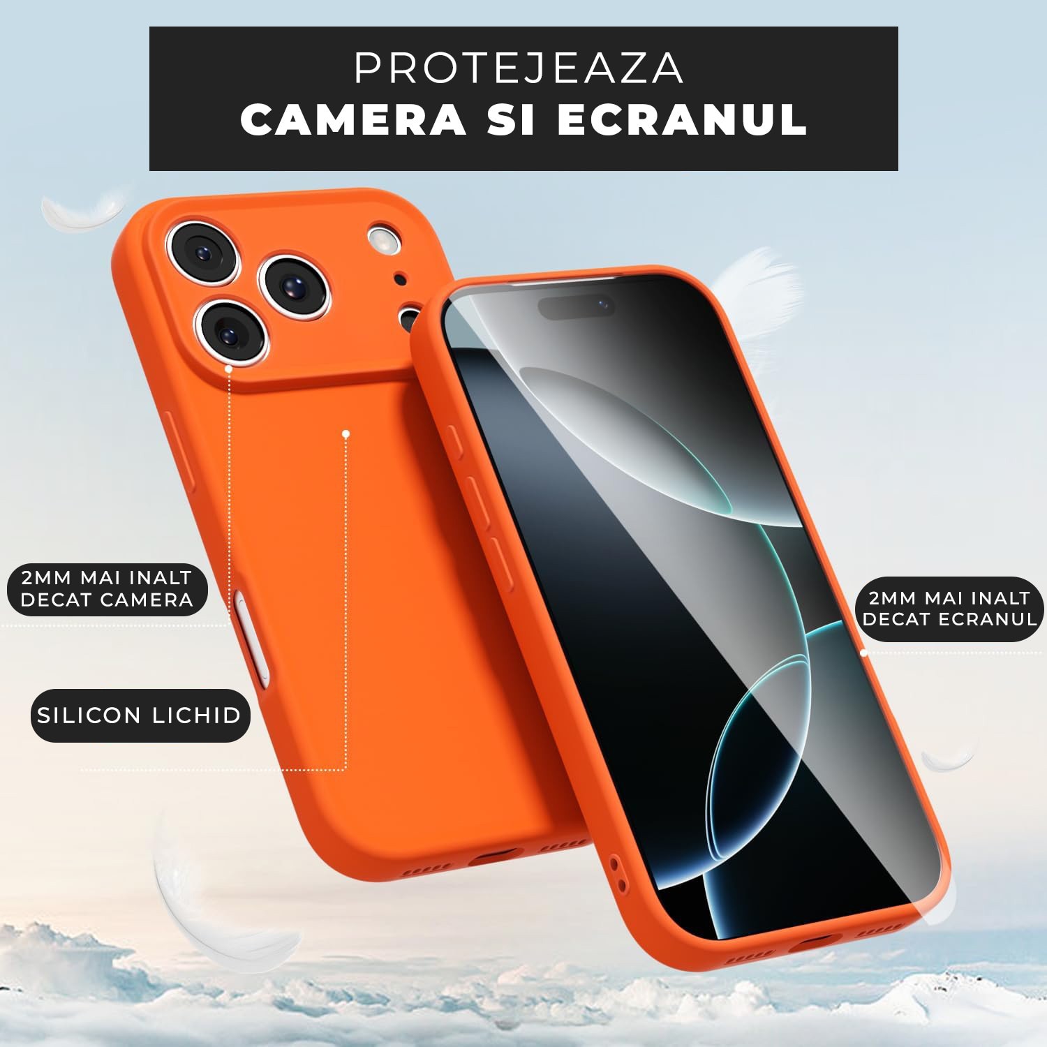Husa pentru iPhone 17 Pro Max DaDen®, Ultra Slim, Silicon, Calitate Premium, Interior din microfibra, Portocaliu