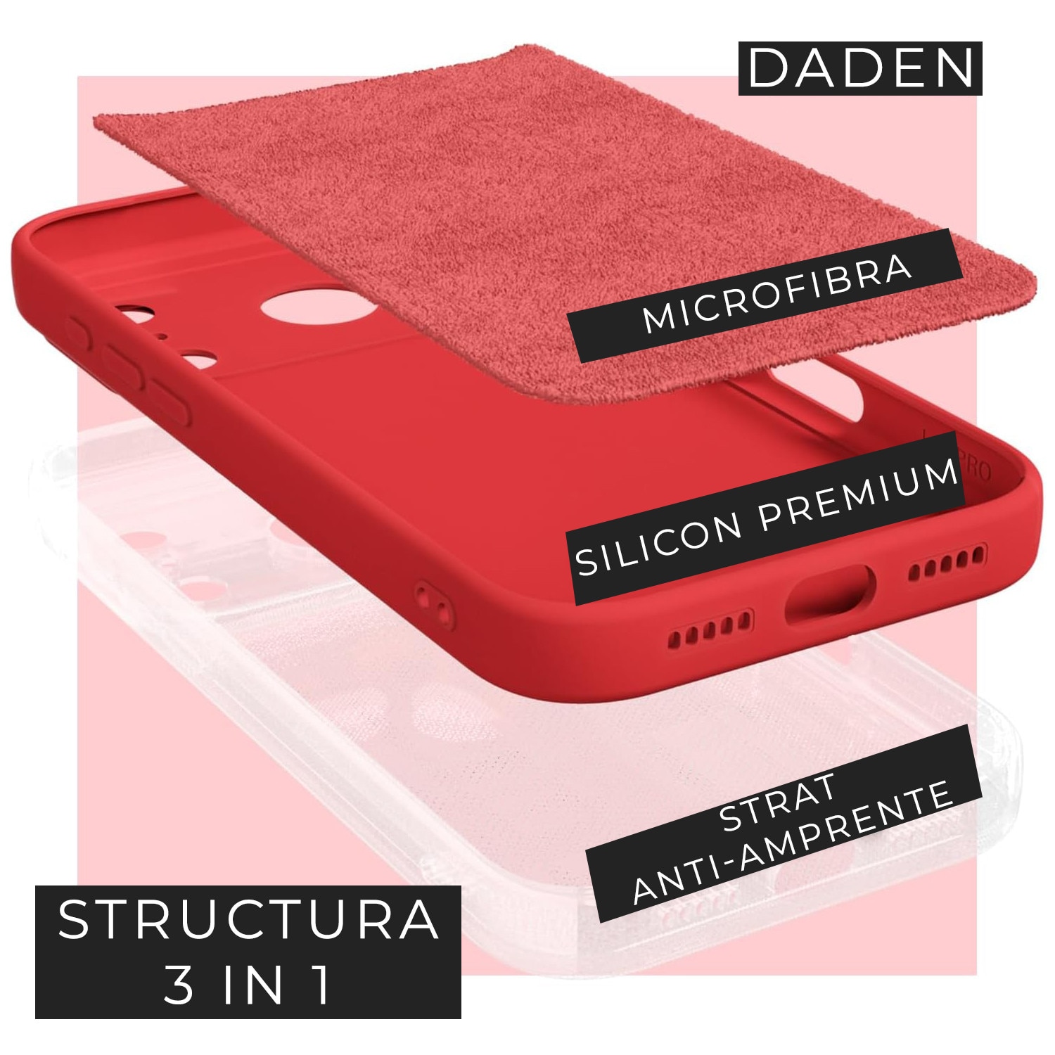 Husa pentru iPhone 17 Pro Max DaDen®, Ultra Slim, Silicon, Calitate Premium, Interior din microfibra, Rosu