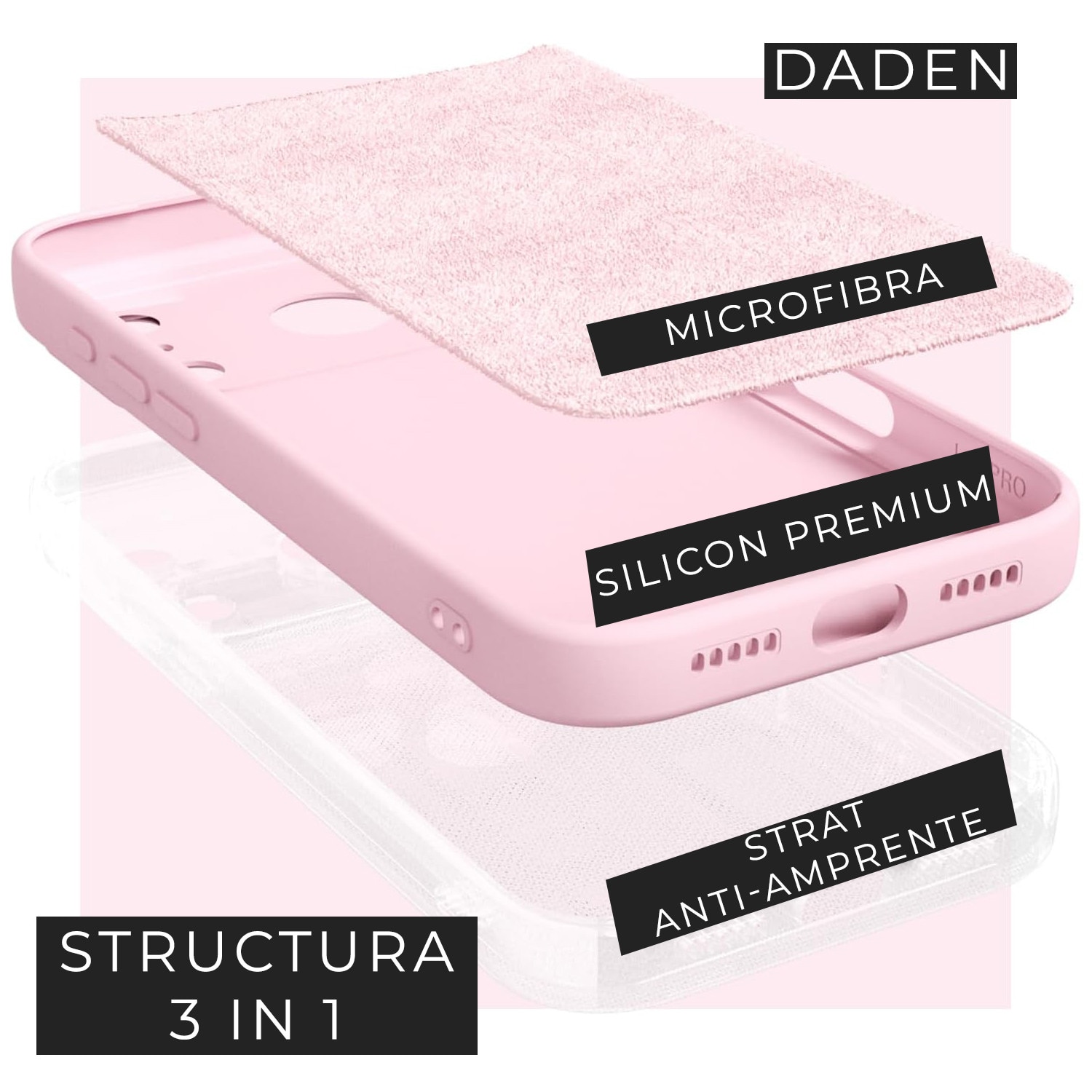 Husa pentru iPhone 17 Pro Max DaDen®, Ultra Slim, Silicon, Calitate Premium, Interior din microfibra, Roz