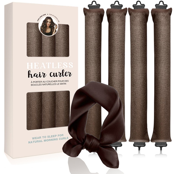 Set de ondulatoare de par fara caldura, 4 piese, esarfa din matase, bucle naturale, maro, 27x12.5x3.5cm