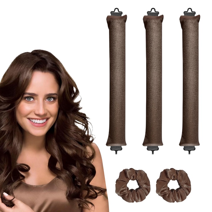 Set ondulator par, 3 piese, bucle naturale, fara caldura, maro, 27x9x3cm