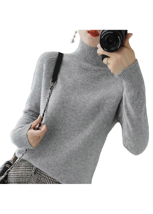 Női kasmír pulóver, alkalmi, hosszú ujjú, szürke