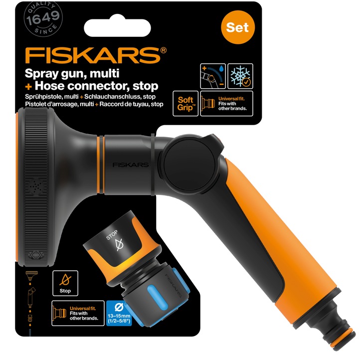 Set pistol pentru stropit Fiskars Comfort multi + Conector furtun de gradina 13 mm Fiskars