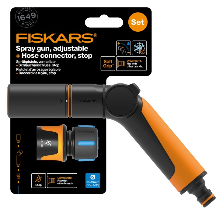 Set pistol pentru stropit ajustabil Fiskars Comfort + Conector furtun de gradina 13 mm Fiskars