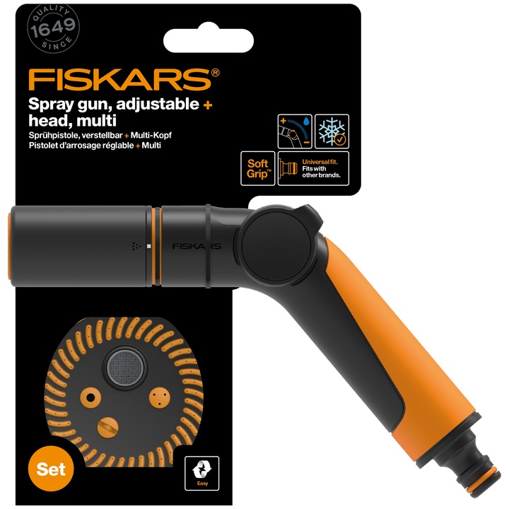 Set pistol pentru stropit ajustabil Fiskars Comfort + Cap pentru stropit Fiskars