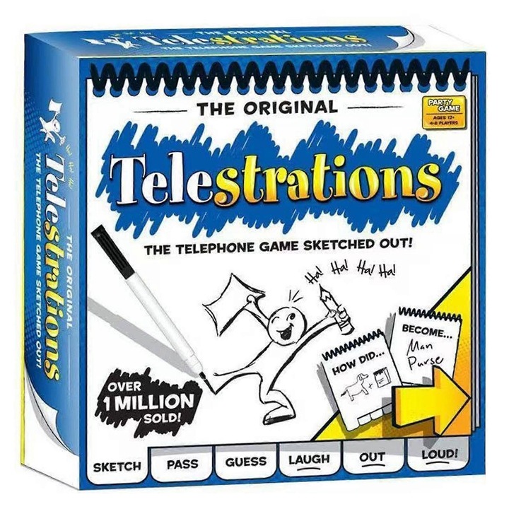 Telestrations társasjáték, 4-8 játékos, készlet, rajzolás és találgatás, sokszínű
